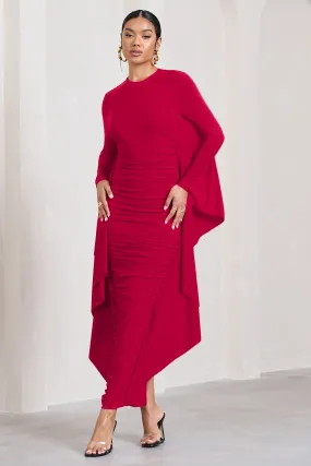 Keva | Robe longue froncée rouge à manches longues avec détails de cape