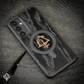 Samsung Galaxy A54 5G black case with wood finishing and Behemoth 'CONTRA' logo