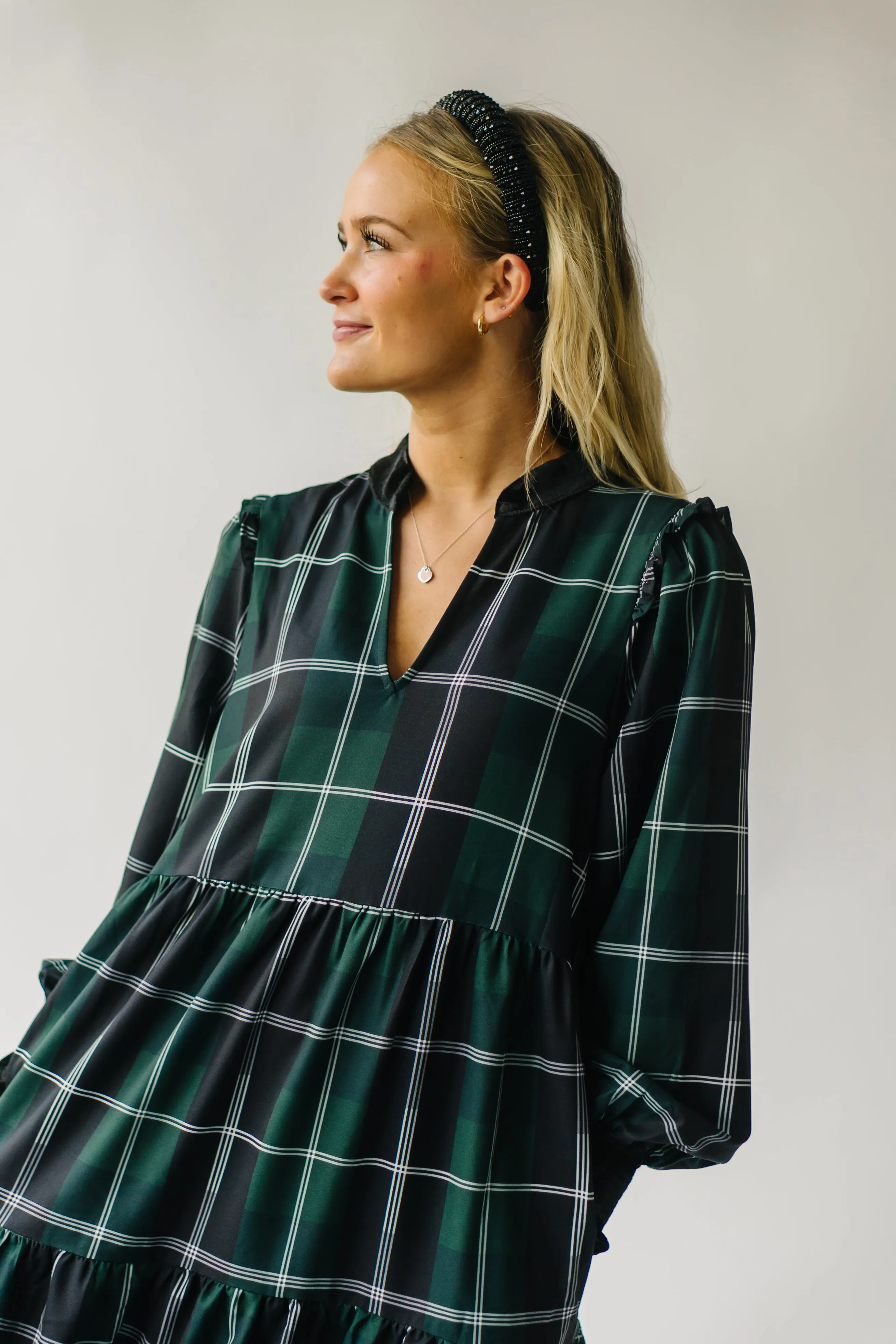 The Daylon Plaid Midi Dress in Emerald   White