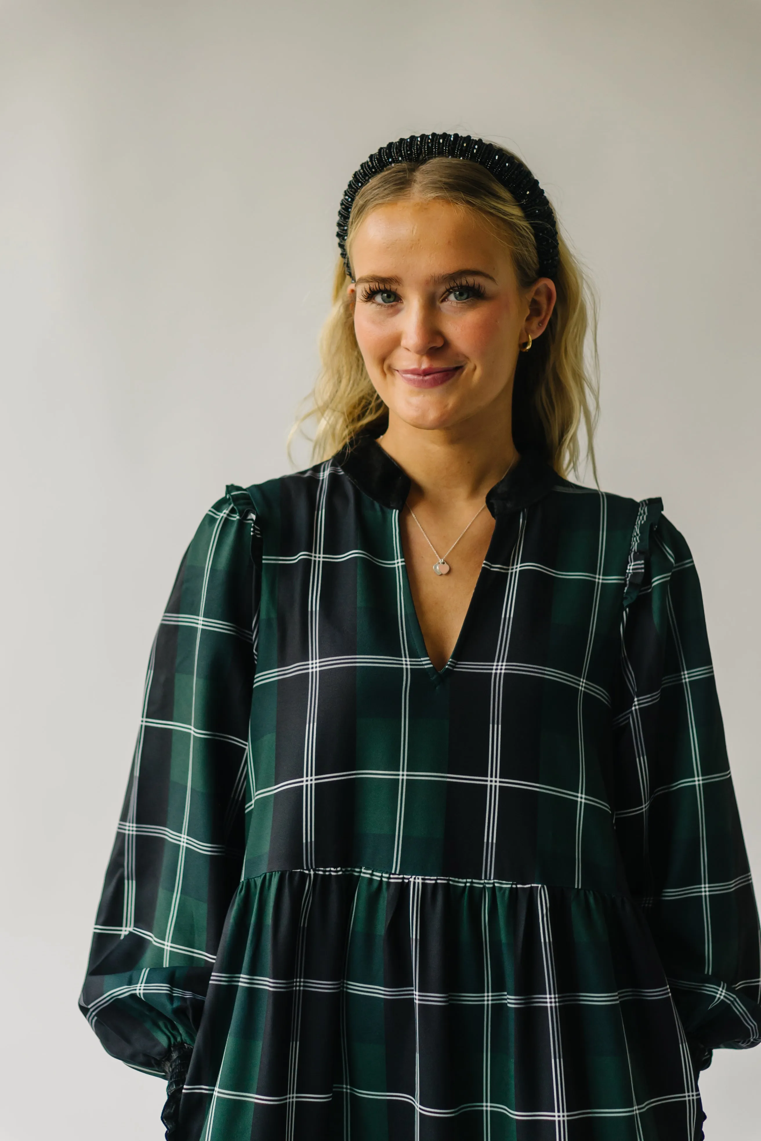 The Daylon Plaid Midi Dress in Emerald   White