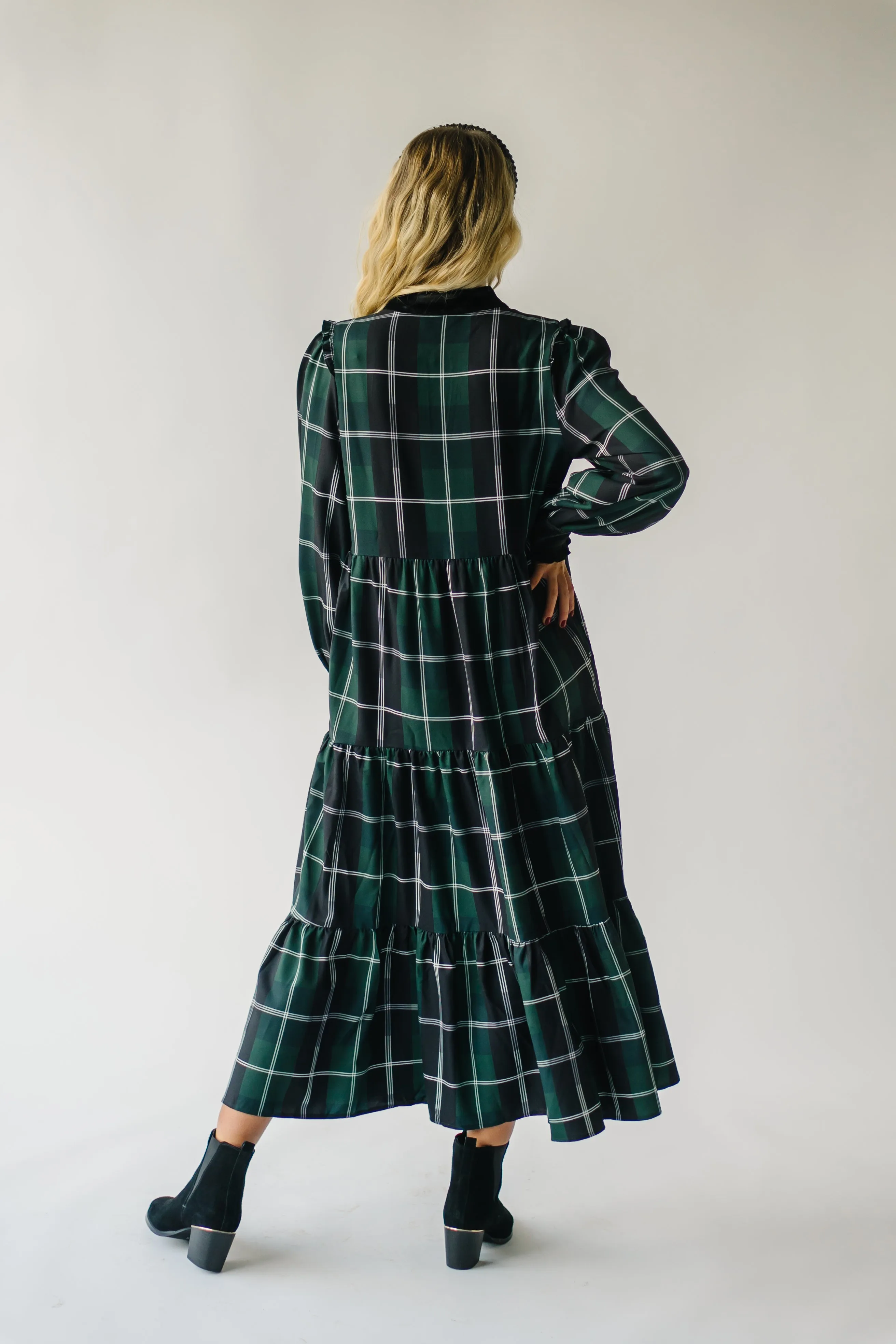 The Daylon Plaid Midi Dress in Emerald   White