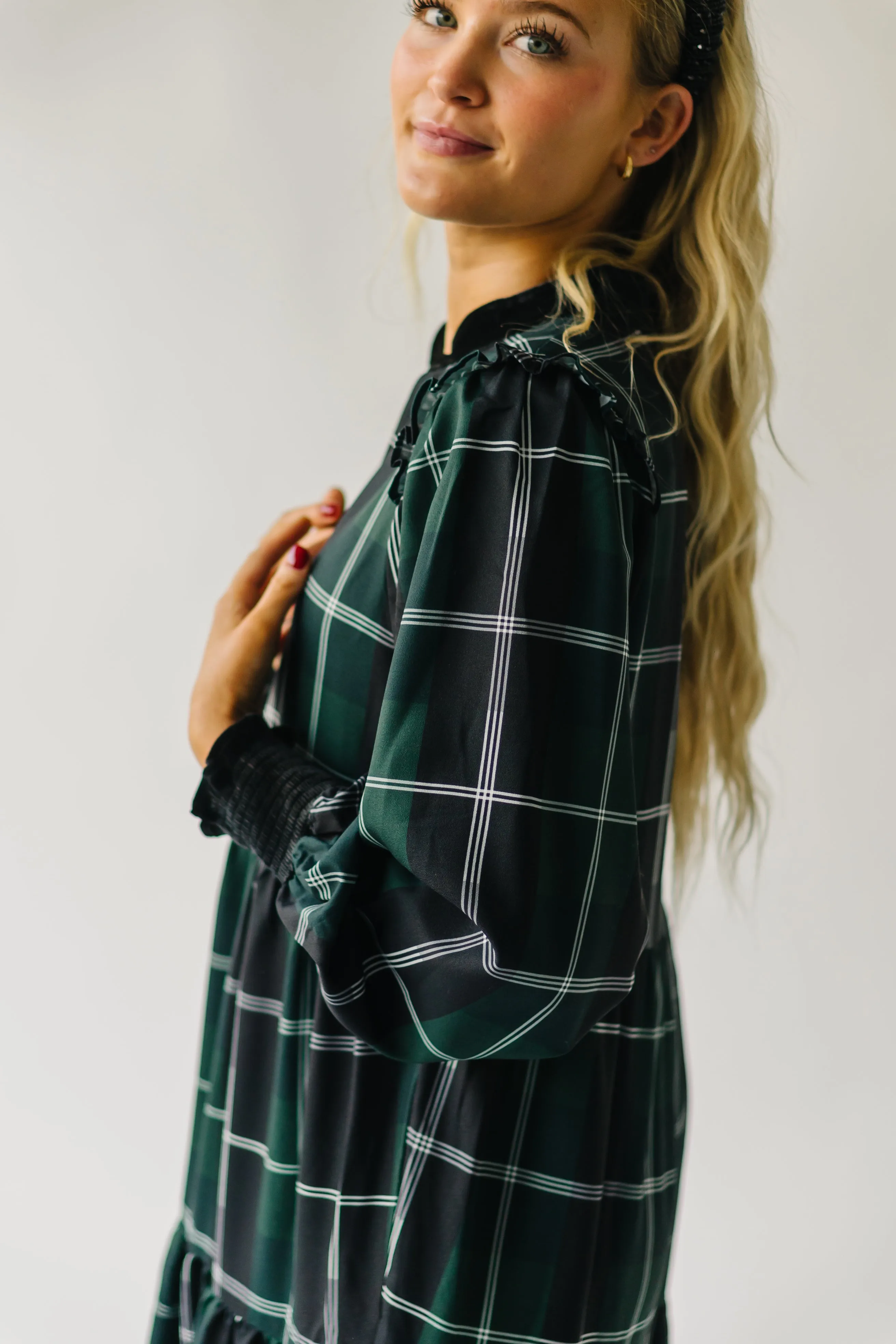 The Daylon Plaid Midi Dress in Emerald   White