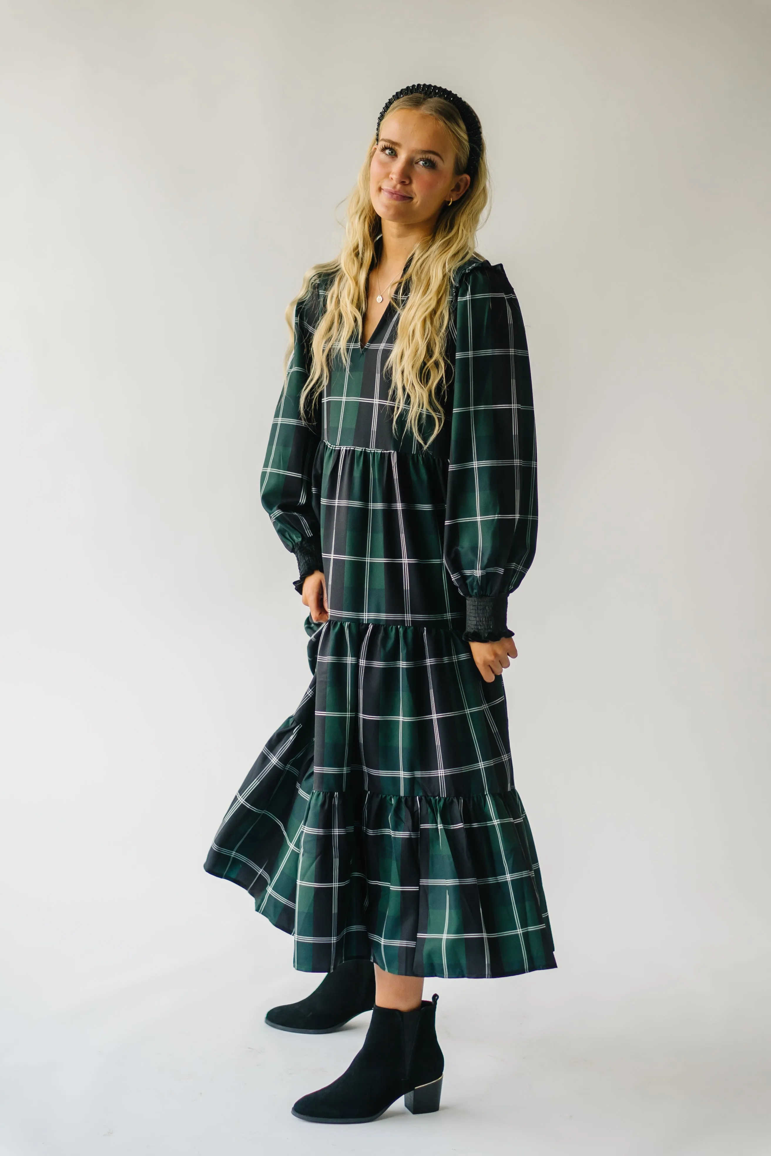 The Daylon Plaid Midi Dress in Emerald   White