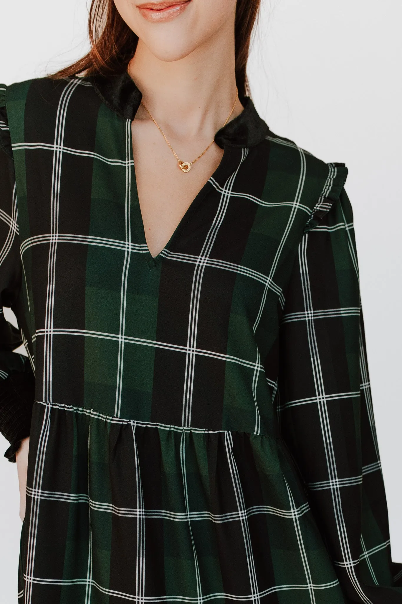 The Daylon Plaid Midi Dress in Emerald   White