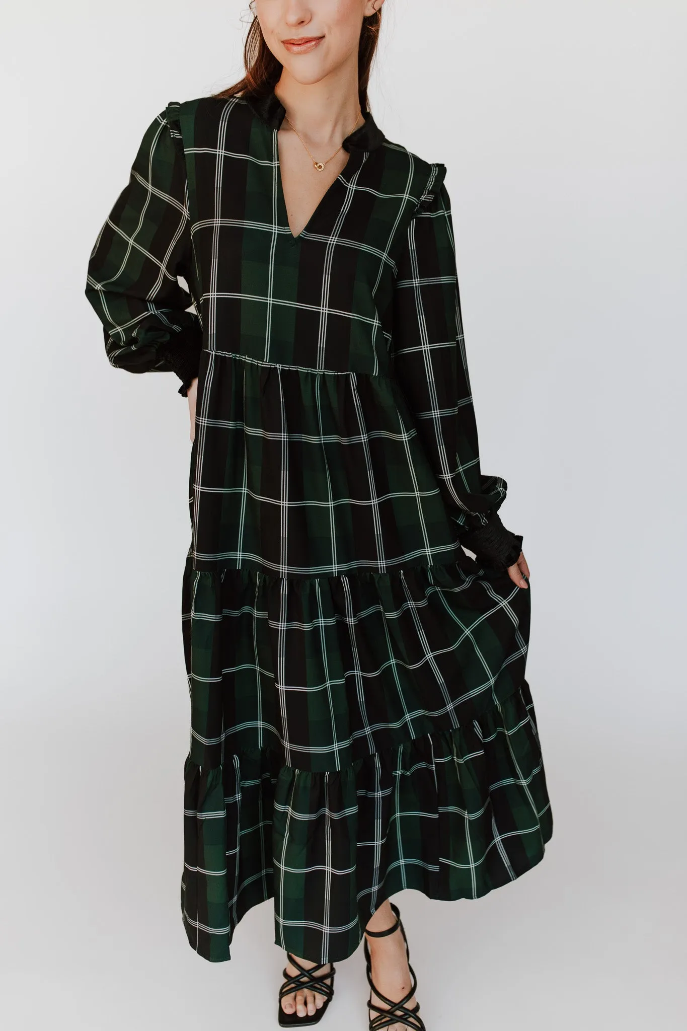 The Daylon Plaid Midi Dress in Emerald   White