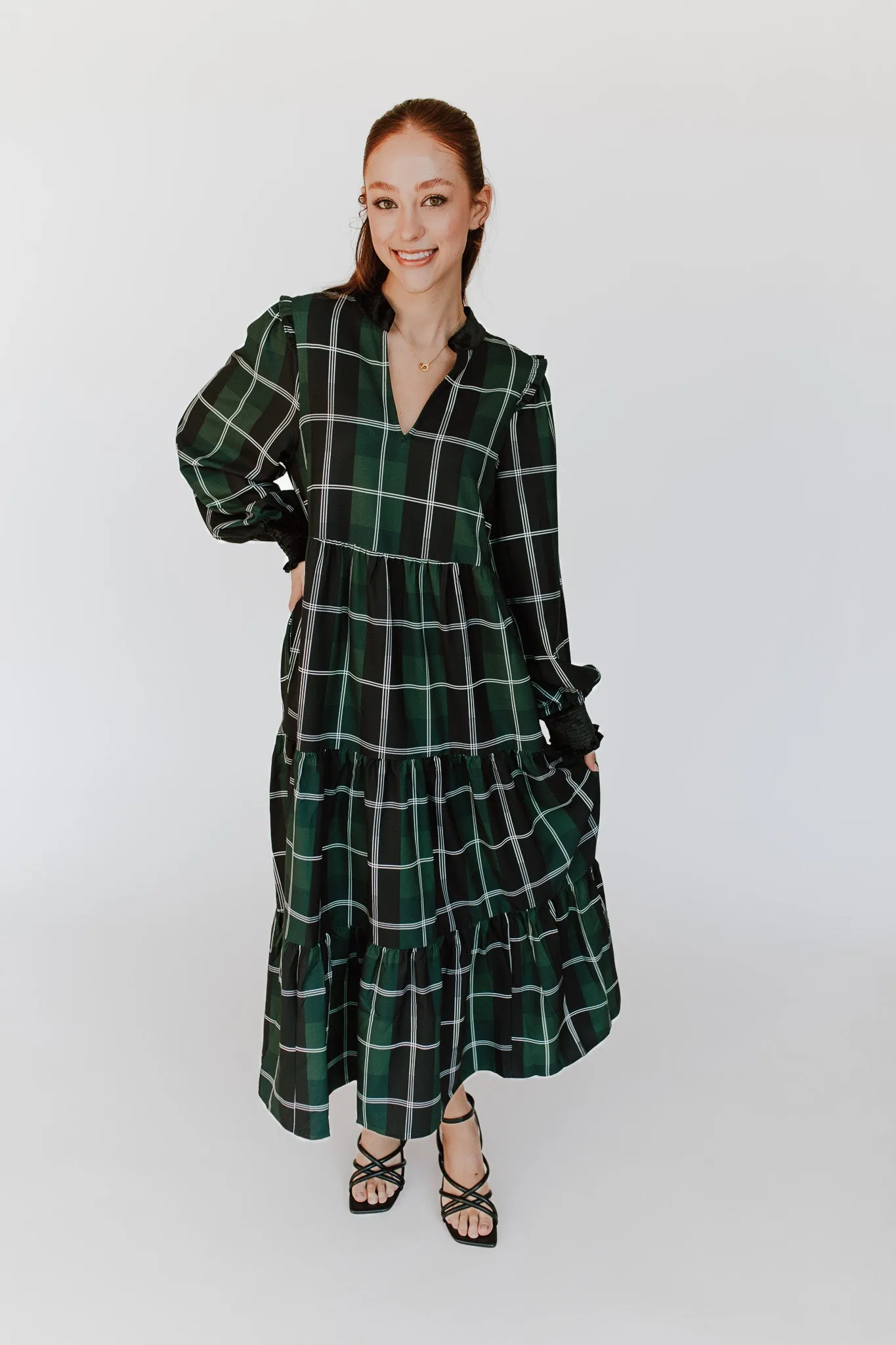 The Daylon Plaid Midi Dress in Emerald   White